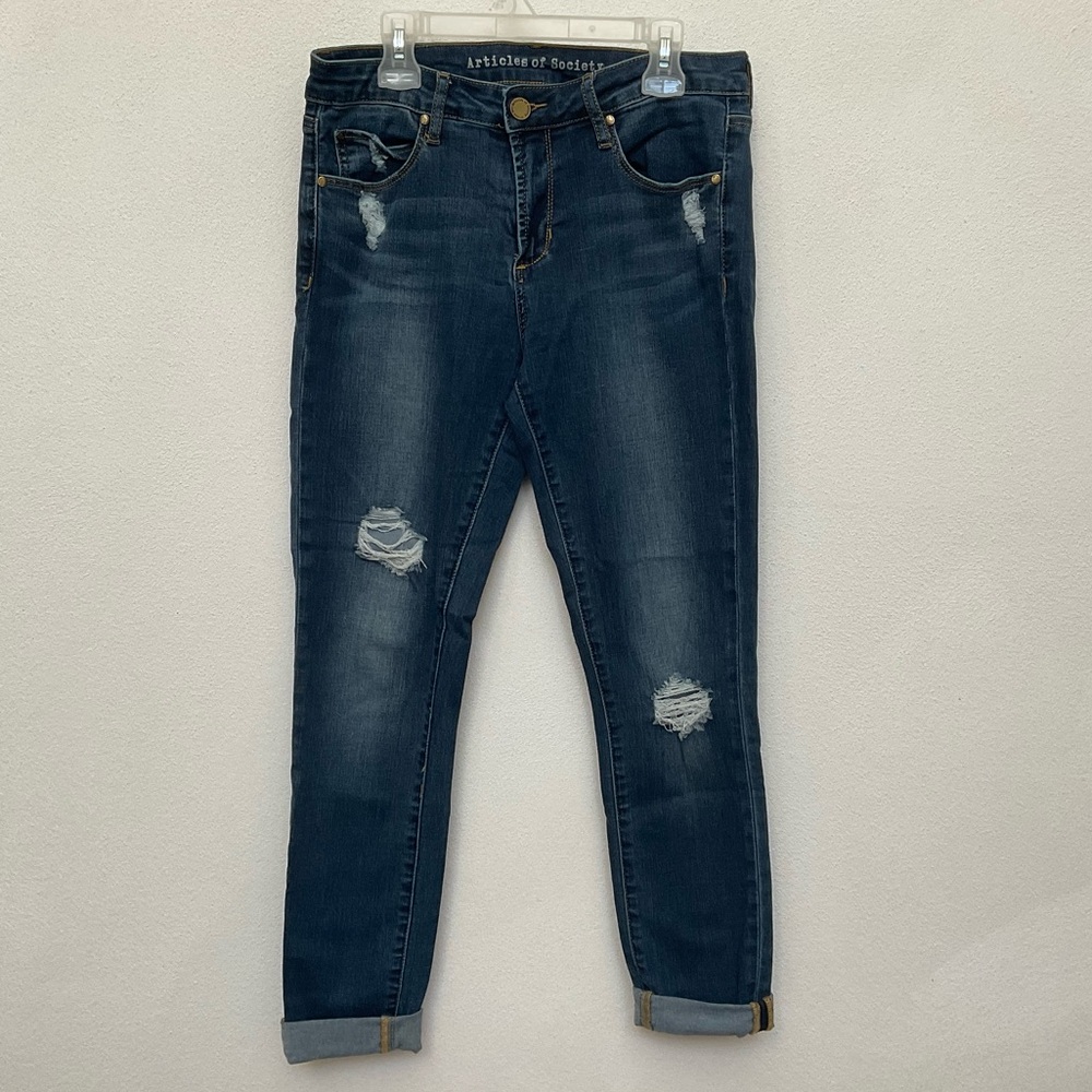 Articles of Society Dark Wash Distressed Raw Hem Skinny Jeans Size 27 Basic